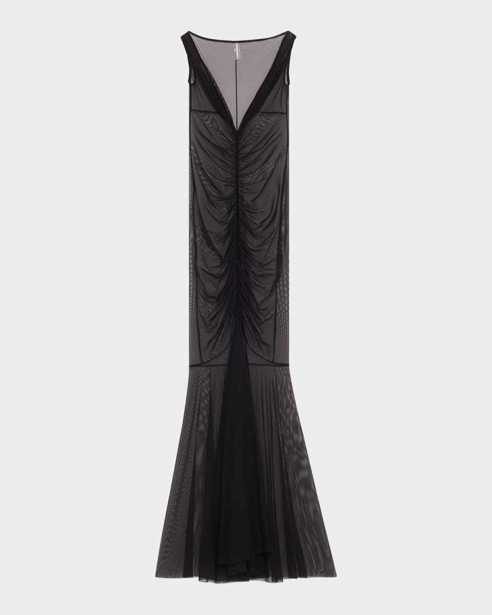 Tara Shirred-Front Fishtail Gown